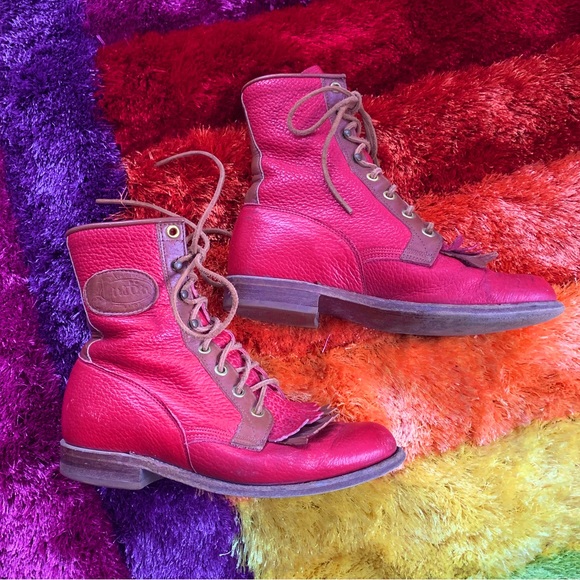 JUSTIN RED LEATHER KILTIE ROPER BOOTS SIZE 5 B PEBBLED LEATHER WESTERN COWGIRL - Picture 3 of 3